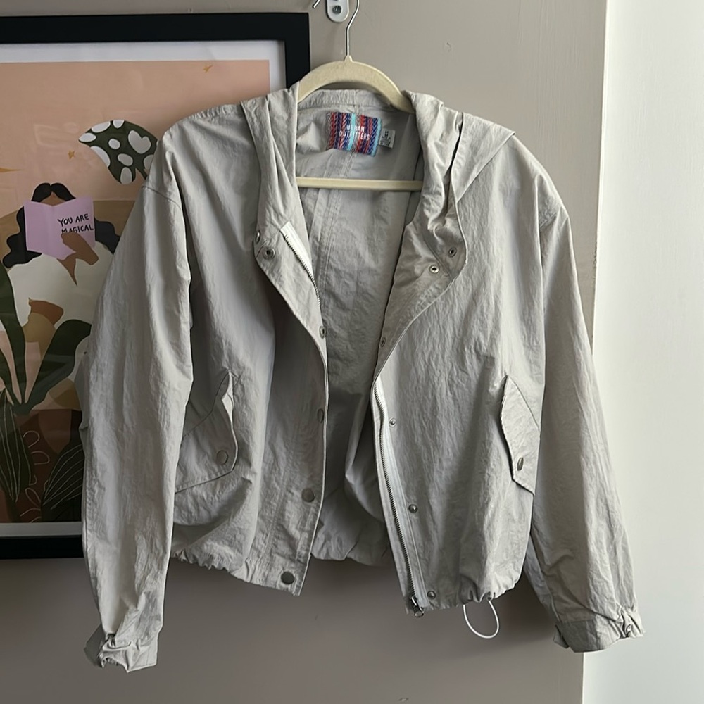 Urban Outfitters Grey Hooded Rain Jacket - Size Medium